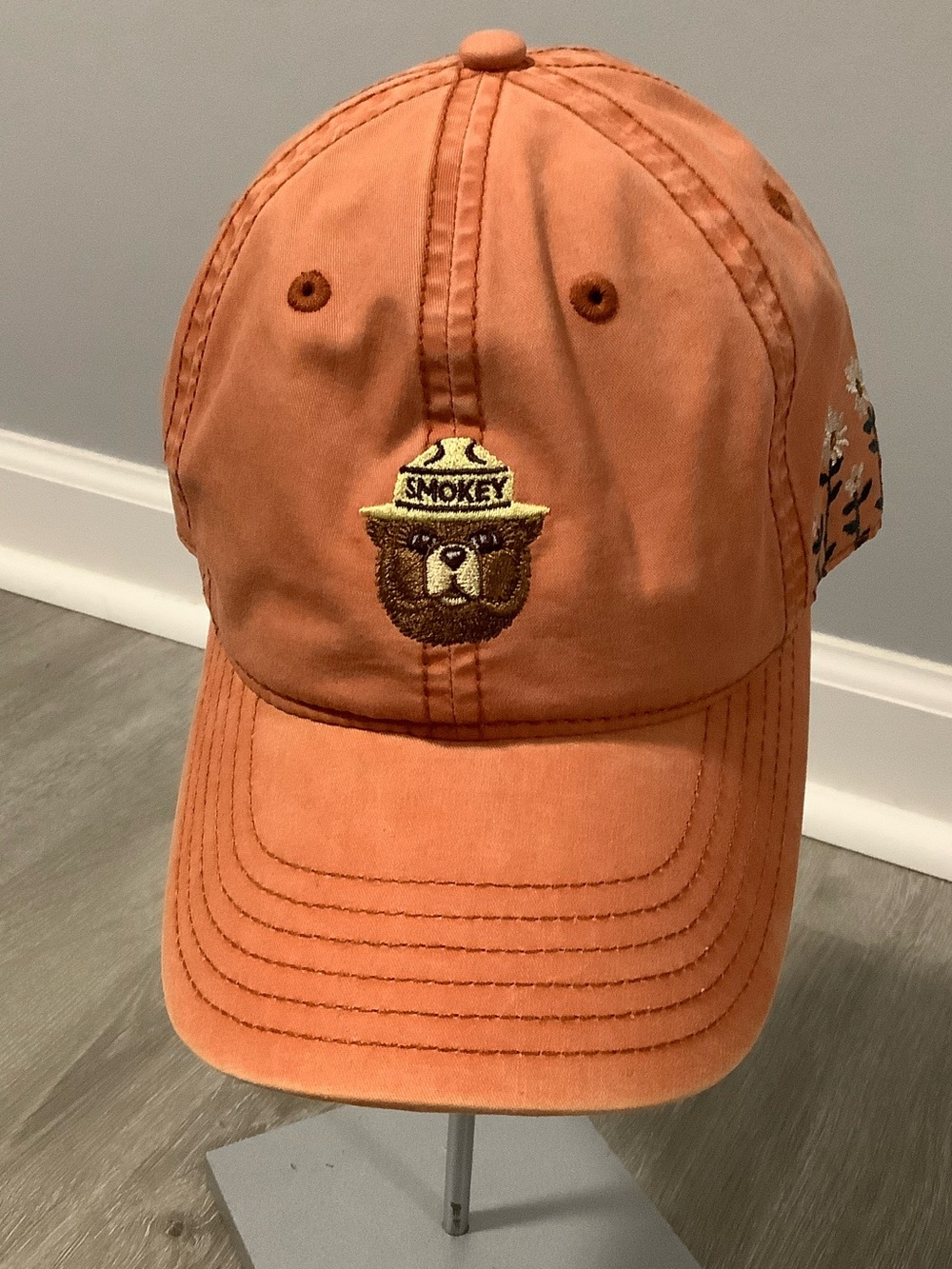Smokey the bear orange floral baseball cap